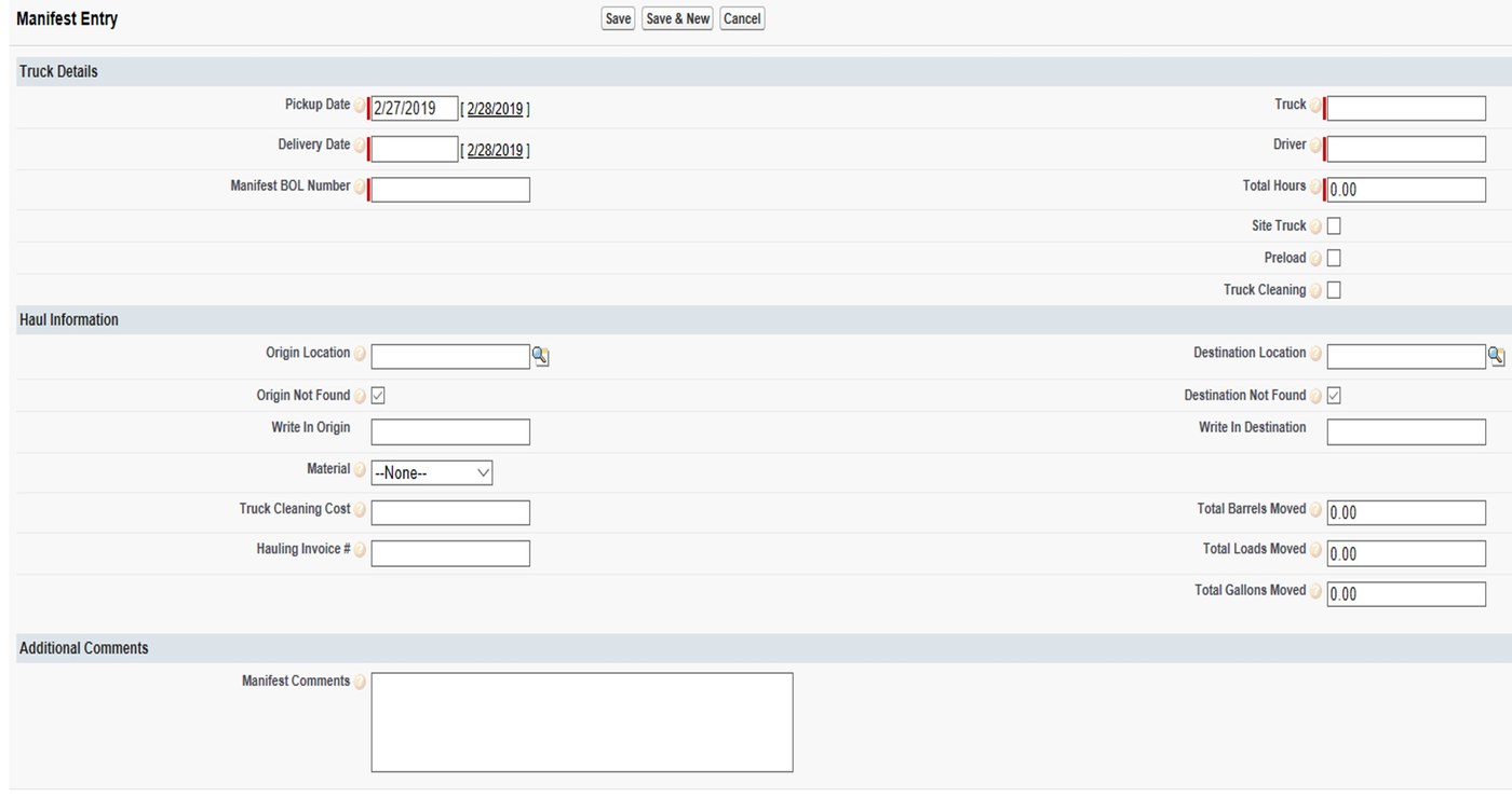 Salesforce Community Manifest Entry screen built by Rogue Tech for EdgeMarc Energy